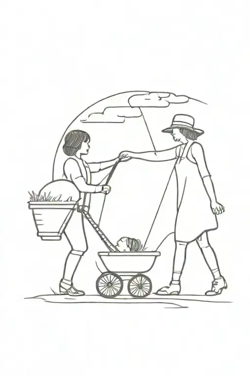mom holding hand little boy on farm in buggy tattoo design idea
