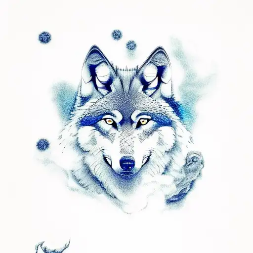 Wolf, green smoke coming out of his snou, realistic, blue ice, arm tattoo design idea