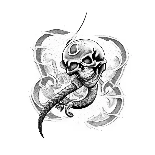 a tattoo of a cobra with bare teeth and a skeleton symbol inside. the cobra strangles a rat, wrapped around dagger tattoo design idea