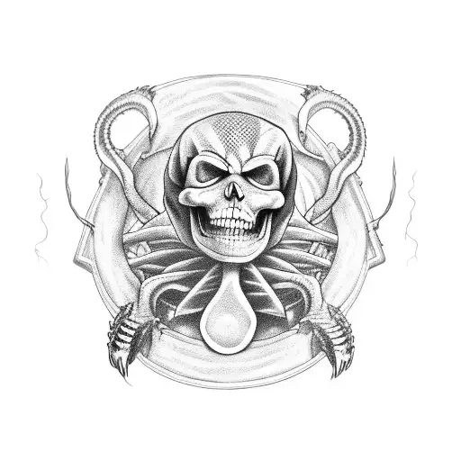 cobra with bare teeth and a skeleton symbol inside. the cobra strangles a rat, wrapped around dagger tattoo design idea