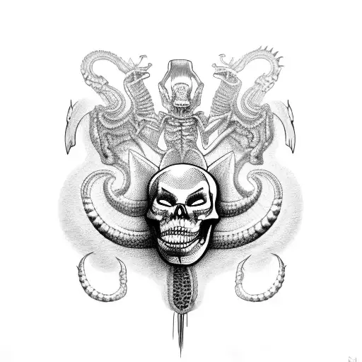 a tattoo of a cobra with bare teeth and a skeleton symbol inside. the cobra strangles a rat, wrapped around an egyptians tattoo design idea