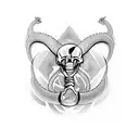 a tattoo of a cobra with bare teeth and a skeleton symbol inside. the cobra strangles a rat, wrapped around an egyptians tattoo design idea