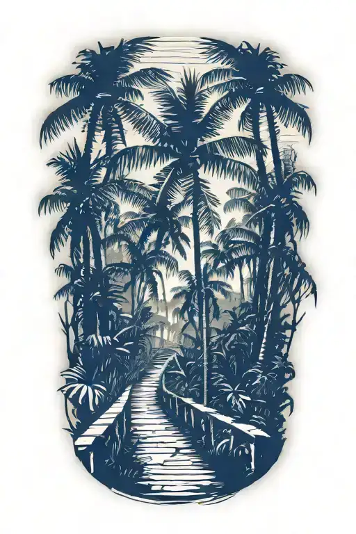 straight path entry into a rainforest with very large palm trees tattoo design idea