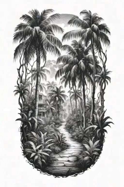 rainforest entance path with high palm trees black and white tattoo design idea