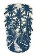 straight path entry into a rainforest with very large palm trees tattoo design idea