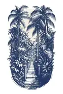 straight path entry into a rainforest with very large palm trees tattoo design idea