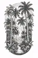 straight path entry into a rainforest with very large palm trees tattoo design idea