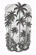 straight path entry into a rainforest with very large palm trees tattoo design idea