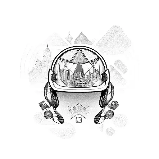 Side view of a motorbike helmet with a city on it that seems to grow from the helmet tattoo design idea