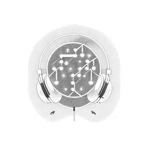 A blackwork tattoo of a hacker wearing headphones, surrounded by musical notes and binary code tattoo design idea