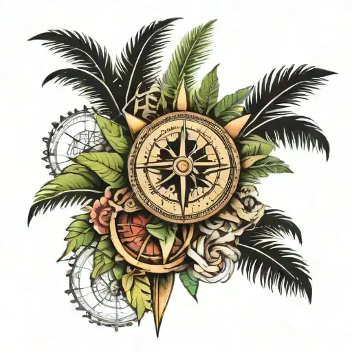 tattoo with a compass, palm trees and valcanes of Colima that contains my three children, two boys and a girl tattoo design idea