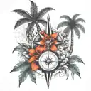 tattoo with a compass, palm  and valcanes of Colima that contains my three children sin flores tattoo design idea