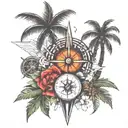 tattoo with a compass, palm  and valcanes of Colima that contains my three children sin flores tattoo design idea