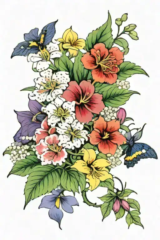 violets, honeysuckles, poppies, lily of the valleys, sweet peas and chrysanthemum flowers on a bunch of leaves  tattoo design idea