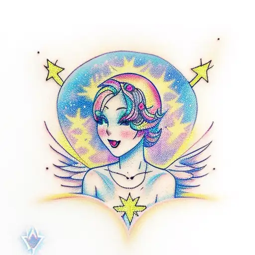 An angelic figure dancing under a starry night sky, with a heart-shaped halo above their head tattoo design idea