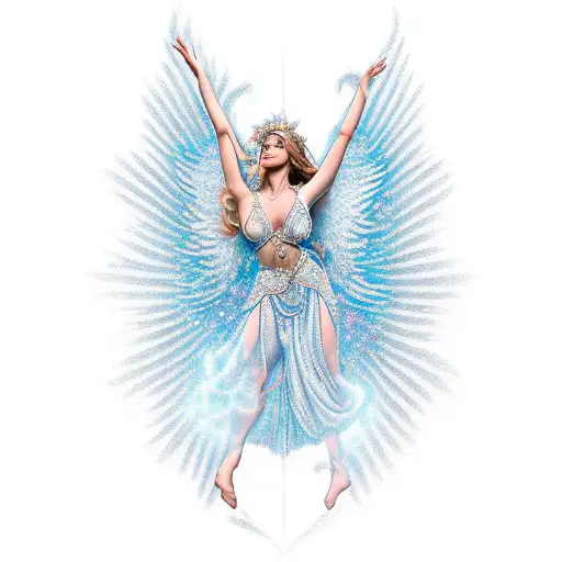 An angelic figure dancing under a starry night sky, with a heart-shaped halo above their head tattoo design idea