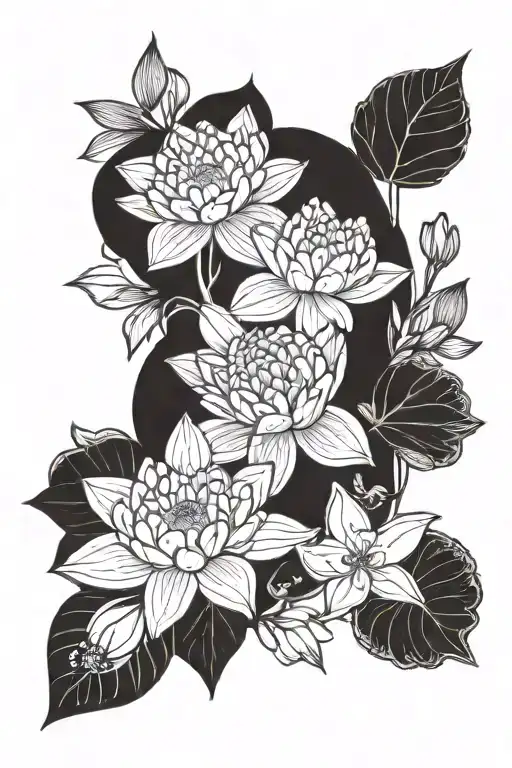 bouquet , water lily, daffodil and carnation flower tattoo design idea