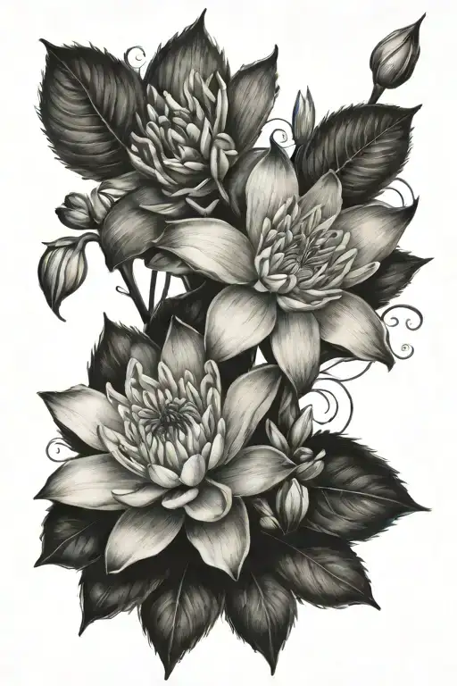 bouquet , water lily, daffodil and carnation flower tattoo design idea