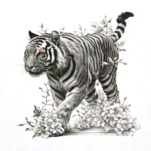 thigh to rib- walking tiger with blossoms and butterflies  tattoo design idea