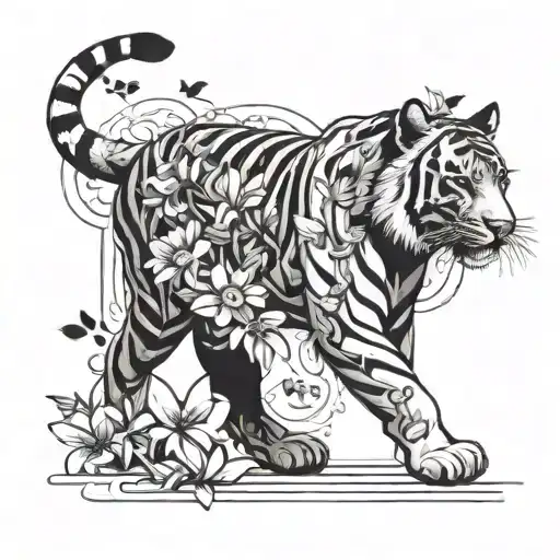 thigh to rib- walking tiger with blossoms and butterflies  tattoo design idea