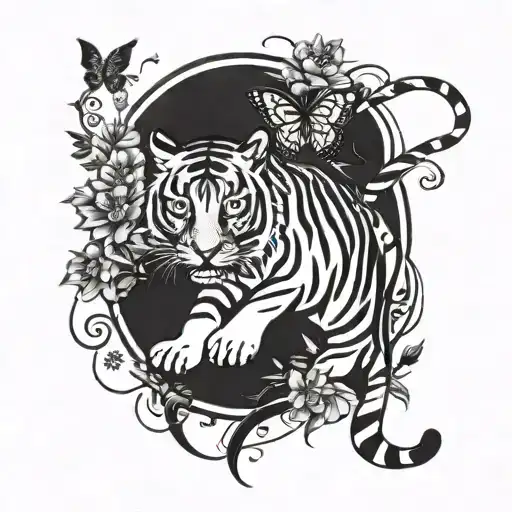 walking tiger with blossoms and butterflies  tattoo design idea