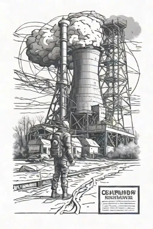 stalker against the backdrop of the Chernobyl nuclear power plant at night tattoo design idea