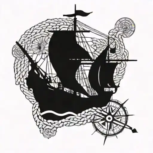 Portuguese caravel ink marine rope nautical chart and compass rose tattoo design idea