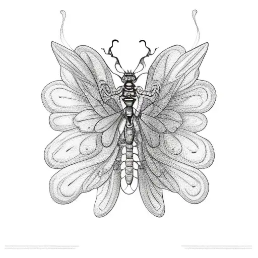 skeleton with monarch butterfly wings sitting tattoo design idea