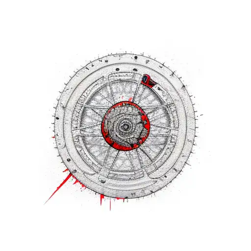 bike rotor, red vertical brush stroke, black paint stain, abstract curvy line tattoo design idea