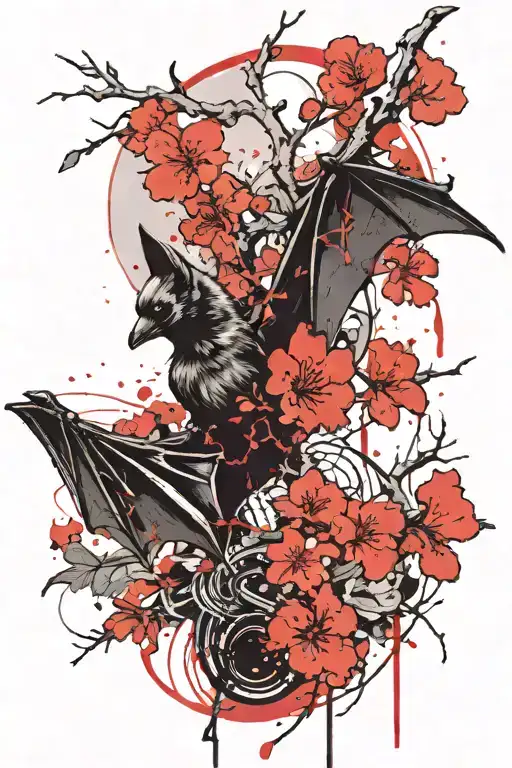 a bat with an exposed skeleton and a cherry blossom tattoo design idea