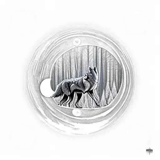 A mesmerizing composition of a wolf howling at a moon with intricate blackwork patterns inspired by the mysterious beauty of nature, surrounded by a forest of towering pines tattoo design idea