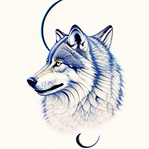 A majestic wolf howling at a crescent moon surrounded by a dense forest of towering pines tattoo design idea