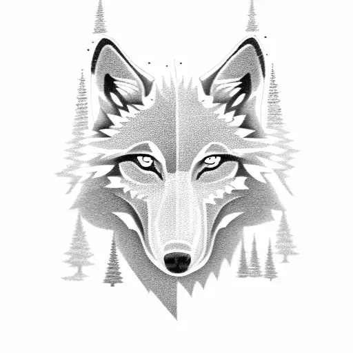 A mesmerizing composition of a wolf howling at a moon with intricate blackwork patterns inspired by the mysterious beauty of nature, surrounded by a forest of towering pines tattoo design idea