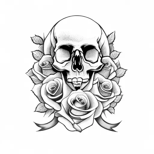 skull with roses and clock tattoo design idea