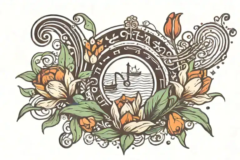 croatia border lines.sea waves. music notes floating.tulips tattoo design idea