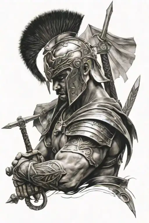 gladiator with sword, it has arrows in it. he is looking down.  tattoo design idea