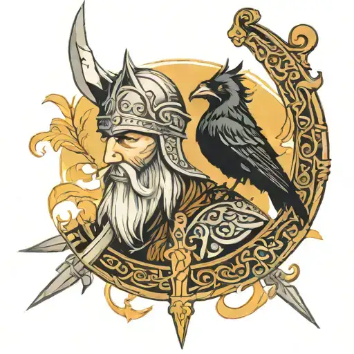 Viking ax and raven and sentence: "Odin gave his eye to acquire knowledge...but I would give far more." tattoo design idea
