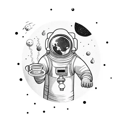 An astronaut floating in space while sipping a cup of coffee tattoo design idea