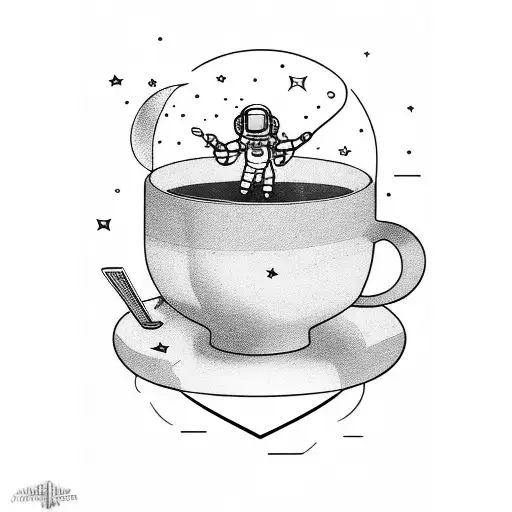 An astronaut floating in space while sipping a cup of coffee tattoo design idea