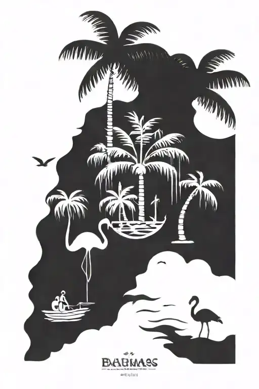 Bahamas my home town include in the design flamingo, palm tree, ocean water, married in 2012, three kids 2016, 2019, 202 tattoo design idea