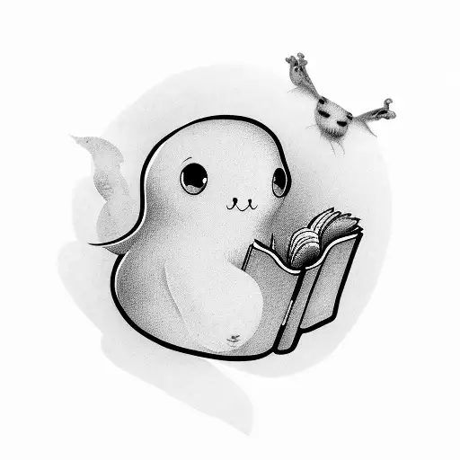 adorable ghost reading book tattoo design idea