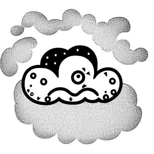 cute animated cloud with quirky eyes, legs and hands on a surf board chilling tattoo design idea