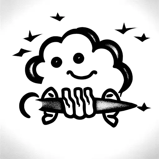 cute animated cloud with hands legs and eyes that is chilling on a surfboard- very chill vibe  tattoo design idea