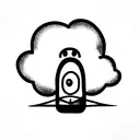 cute animated cloud with quirky eyes, legs and hands on a surf board chilling tattoo design idea