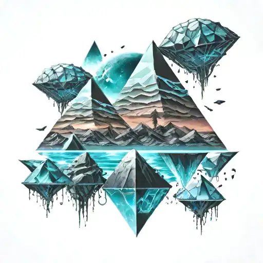 sci fi world with floating pyramids made of brains tattoo design idea