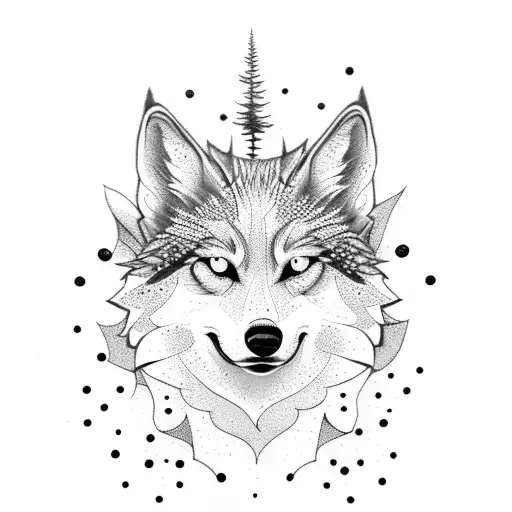 black forest with lone wolf and fire trash polka style tattoo design idea