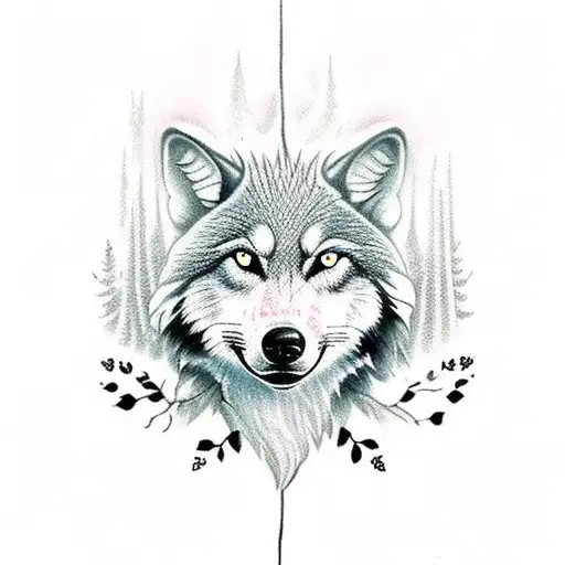 black forest with lone wolf and fire trash polka style tattoo design idea