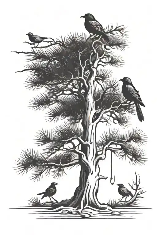 A cedar tree with scales hanging on it and three birds sitting on the branch  tattoo design idea