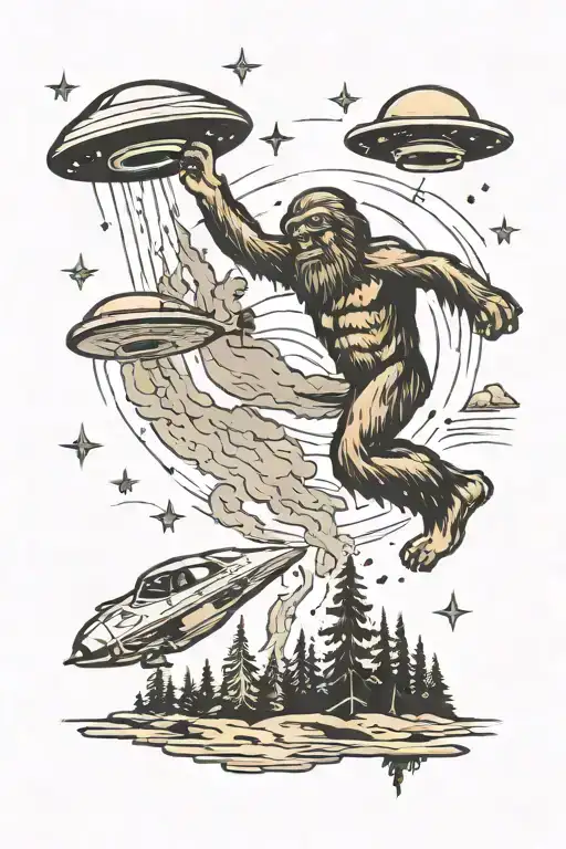 ufo abducting a sasquatch tattoo design idea