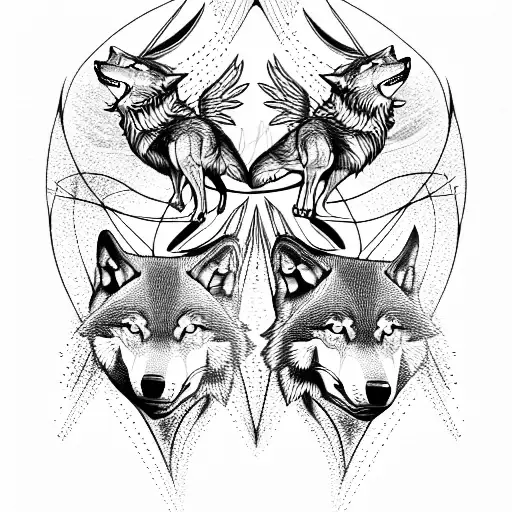 3 wolves  a phoenix flying. biomechanical forest tattoo design idea